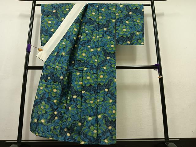 平和屋着物▽紘雅紬 単衣 草花文 反端付き 正絹 逸品 AABC7498jh
