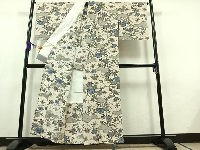 平和屋着物▽上質な小紋 単衣 型染め 草花文 正絹 逸品 AABC7503jh