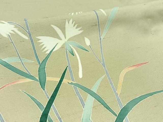 平和屋着物▽本加賀友禅作家 成竹登茂男 訪問着 単衣 白山紬 草花文 正絹 逸品 AABC7505jh