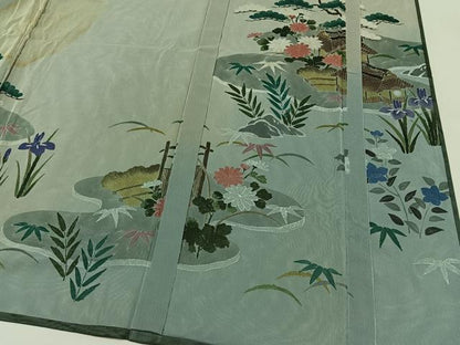平和屋着物▽訪問着 無双 紗袷 紗×紗 風景花文 銀彩 正絹 逸品 AABC7508jh