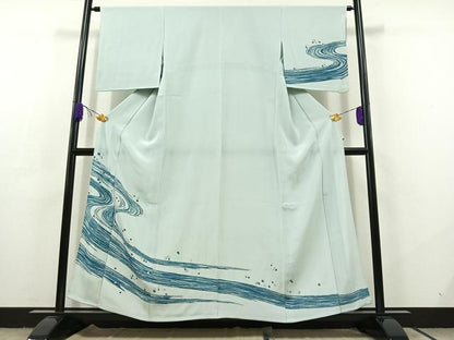 平和屋着物▽訪問着 単衣 流水文 銀彩 正絹 逸品 AABC7515jh