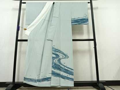 平和屋着物▽訪問着 単衣 流水文 銀彩 正絹 逸品 AABC7515jh