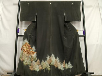 平和屋着物■豪華黒留袖　駒刺繍　風景樹林文　金銀彩　正絹　逸品　AABC7596oa