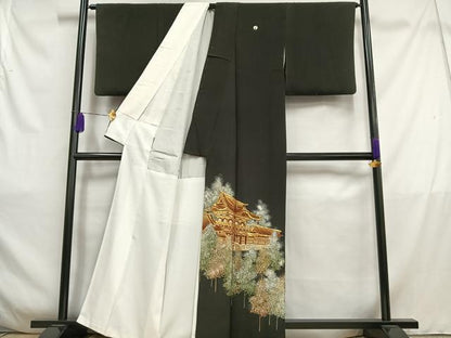 平和屋着物■豪華黒留袖　駒刺繍　風景樹林文　金銀彩　正絹　逸品　AABC7596oa