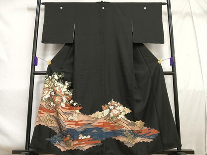 平和屋着物■豪華黒留袖　駒刺繍　花車文　金彩　正絹　逸品　AABC7613oa