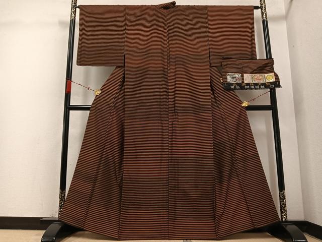 平和屋着物●本場縞大島紬　横縞　関絹織物謹製　証紙付き　正絹　逸品　AABC8075ph