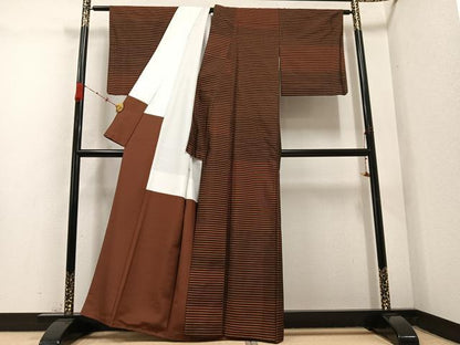 平和屋着物●本場縞大島紬　横縞　関絹織物謹製　証紙付き　正絹　逸品　AABC8075ph
