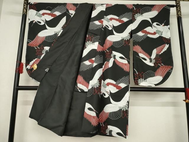 平和屋着物●小振袖 二尺袖 飛鶴文 黒地 洗える着物 AABC8086ck
