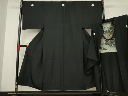 平和屋着物●男性 黒紋付 羽織セット 正絹 逸品 AABC8099ck