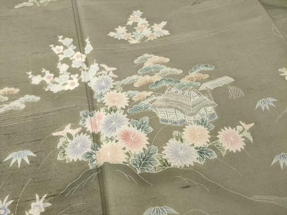 平和屋着物●訪問着　友禅　作家物　紬地　風景花文　正絹　逸品　AABC8114ck