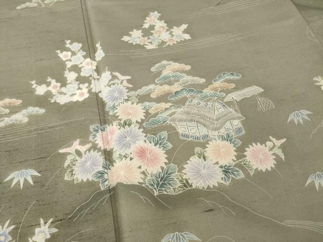 平和屋着物●訪問着　友禅　作家物　紬地　風景花文　正絹　逸品　AABC8114ck