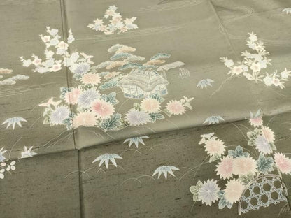 平和屋着物●訪問着　友禅　作家物　紬地　風景花文　正絹　逸品　AABC8114ck