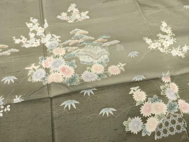 平和屋着物●訪問着　友禅　作家物　紬地　風景花文　正絹　逸品　AABC8114ck