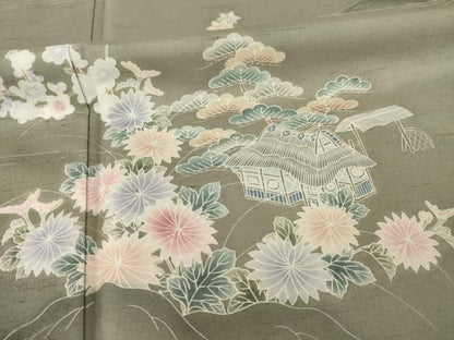 平和屋着物●訪問着　友禅　作家物　紬地　風景花文　正絹　逸品　AABC8114ck