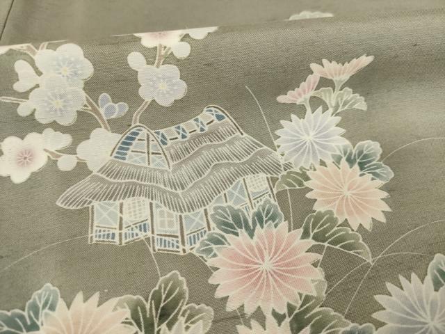 平和屋着物●訪問着　友禅　作家物　紬地　風景花文　正絹　逸品　AABC8114ck