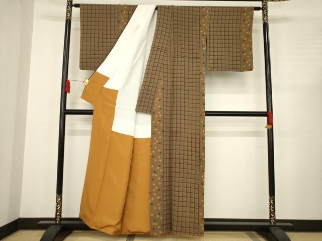 平和屋着物●上質な小紋 銀杏間道 格子 正絹 逸品 AABC8117ck