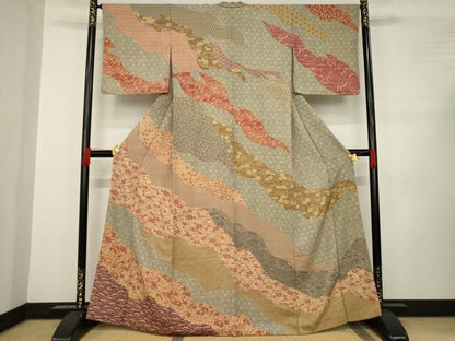 平和屋着物●訪問着 型染め 道長吉祥花文 正絹 逸品 AABC8139ck