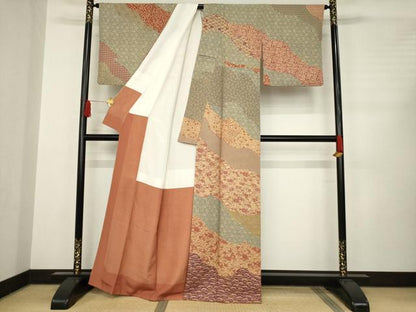 平和屋着物●訪問着 型染め 道長吉祥花文 正絹 逸品 AABC8139ck