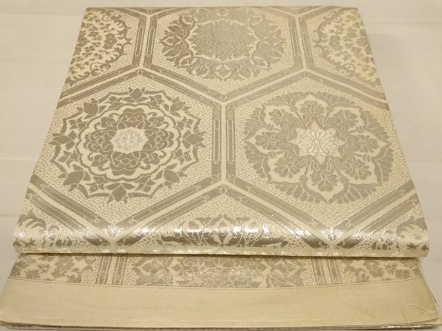 平和屋着物◎全通柄袋帯　亀甲花文　銀糸　正絹　逸品　AABC8344dt