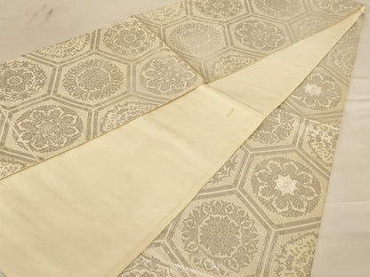 平和屋着物◎全通柄袋帯　亀甲花文　銀糸　正絹　逸品　AABC8344dt