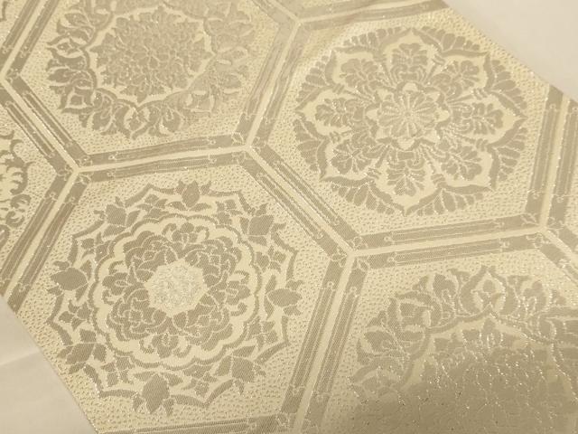 平和屋着物◎全通柄袋帯　亀甲花文　銀糸　正絹　逸品　AABC8344dt