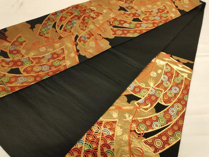 平和屋着物◎六通柄袋帯　唐織　吉祥文　黒地　金銀糸　正絹　逸品　AABC8356dt