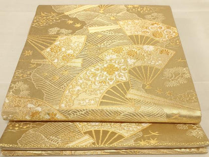 平和屋着物◎六通柄袋帯 唐織 扇面花文 金糸 正絹 逸品 AABC8358dt