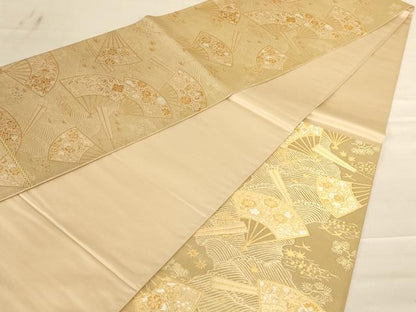 平和屋着物◎六通柄袋帯 唐織 扇面花文 金糸 正絹 逸品 AABC8358dt