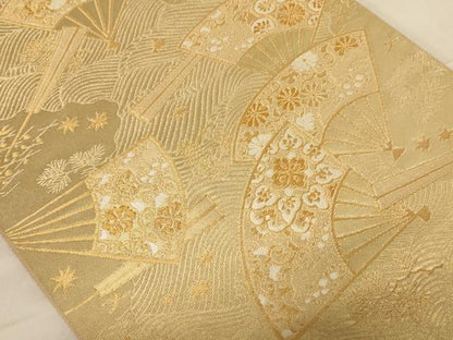平和屋着物◎六通柄袋帯 唐織 扇面花文 金糸 正絹 逸品 AABC8358dt