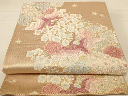 平和屋着物◎六通柄袋帯 唐織 孔雀花文 金糸 正絹 逸品 AABC8363dt
