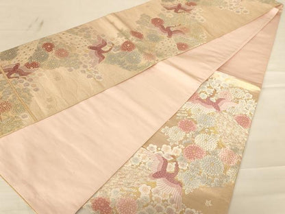 平和屋着物◎六通柄袋帯 唐織 孔雀花文 金糸 正絹 逸品 AABC8363dt
