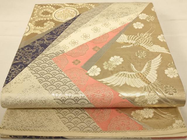 平和屋着物◎六通柄袋帯 飛鶴花文 金銀糸 正絹 逸品 AABC8368dt