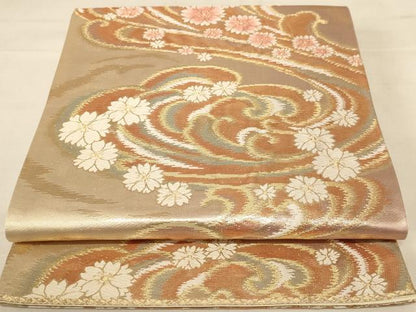 平和屋着物◎六通柄袋帯　唐織　流水花文　金糸　正絹　逸品　AABC8372dt