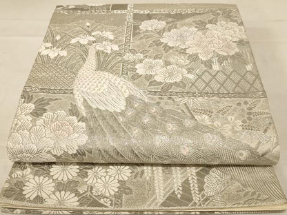 平和屋着物◎六通柄袋帯 唐織 孔雀花文 銀糸 正絹 逸品 AABC8376dt