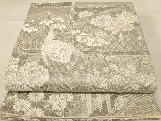 平和屋着物◎六通柄袋帯 唐織 孔雀花文 銀糸 正絹 逸品 AABC8376dt