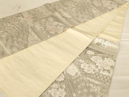 平和屋着物◎六通柄袋帯 唐織 孔雀花文 銀糸 正絹 逸品 AABC8376dt