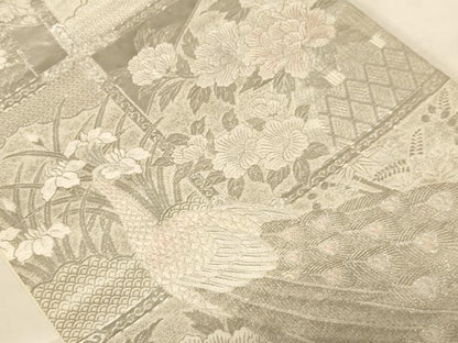 平和屋着物◎六通柄袋帯 唐織 孔雀花文 銀糸 正絹 逸品 AABC8376dt
