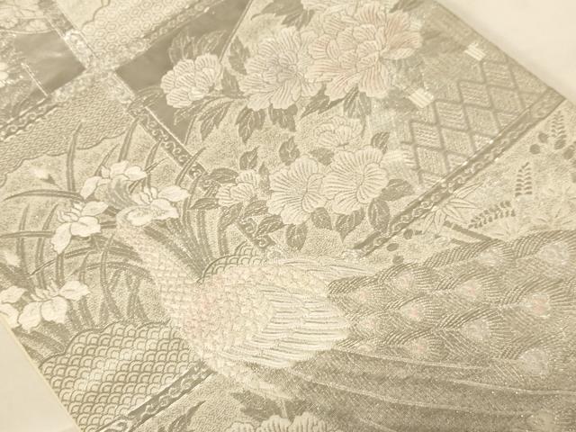 平和屋着物◎六通柄袋帯 唐織 孔雀花文 銀糸 正絹 逸品 AABC8376dt