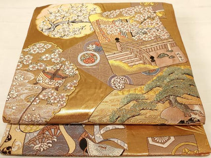 平和屋着物◎六通柄袋帯　唐織　風景文　金糸　正絹　逸品　AABC8378dt