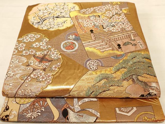 平和屋着物◎六通柄袋帯　唐織　風景文　金糸　正絹　逸品　AABC8378dt