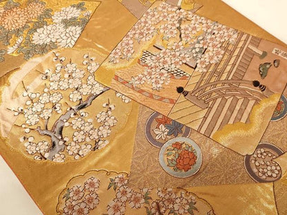平和屋着物◎六通柄袋帯　唐織　風景文　金糸　正絹　逸品　AABC8378dt
