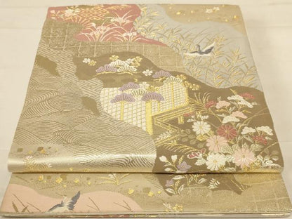 平和屋着物◎六通柄袋帯 唐織 飛鶴花文 金糸 正絹 逸品 AABC8379dt