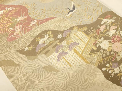 平和屋着物◎六通柄袋帯 唐織 飛鶴花文 金糸 正絹 逸品 AABC8379dt
