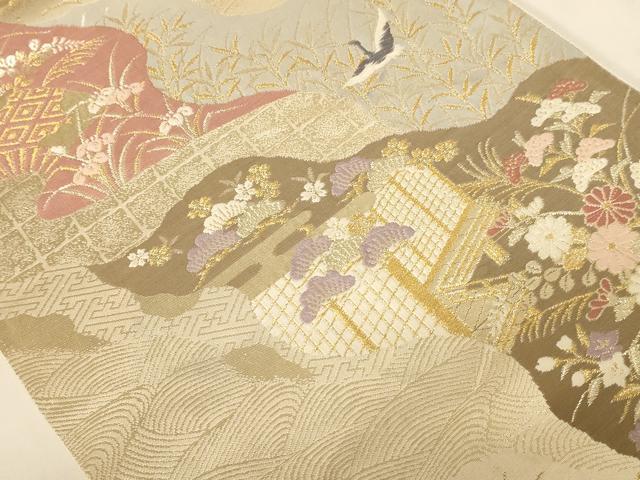 平和屋着物◎六通柄袋帯 唐織 飛鶴花文 金糸 正絹 逸品 AABC8379dt