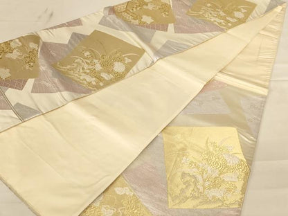 平和屋着物◎六通柄袋帯 唐織 色紙重ね花文 金銀糸 正絹 逸品 AABC8382dt