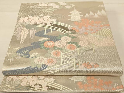 平和屋着物◎六通柄袋帯 唐織 渡橋花文 プラチナ純銀箔二重織 正絹 逸品 AABC8397dt