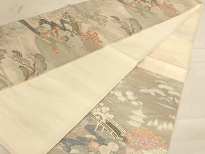 平和屋着物◎六通柄袋帯 唐織 渡橋花文 プラチナ純銀箔二重織 正絹 逸品 AABC8397dt