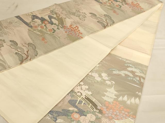 平和屋着物◎六通柄袋帯 唐織 渡橋花文 プラチナ純銀箔二重織 正絹 逸品 AABC8397dt