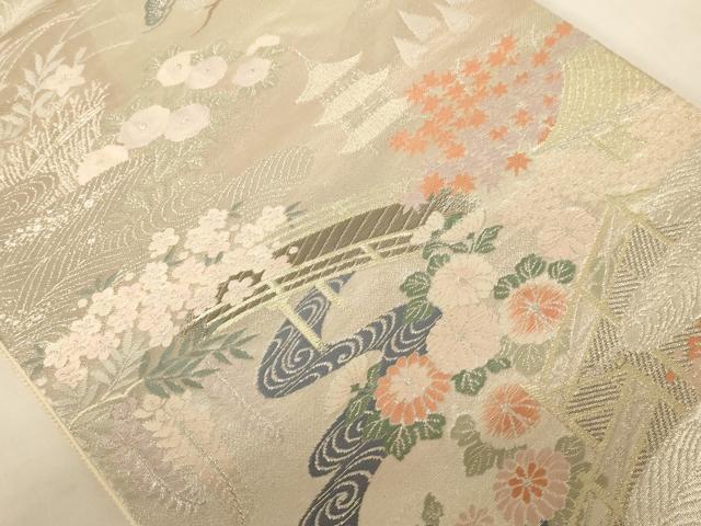 平和屋着物◎六通柄袋帯 唐織 渡橋花文 プラチナ純銀箔二重織 正絹 逸品 AABC8397dt