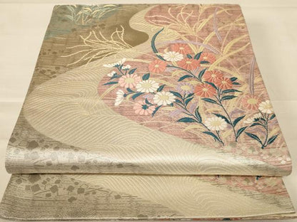 平和屋着物◎六通柄袋帯 唐織 流水花文 金糸 正絹 逸品 AABC8400dt